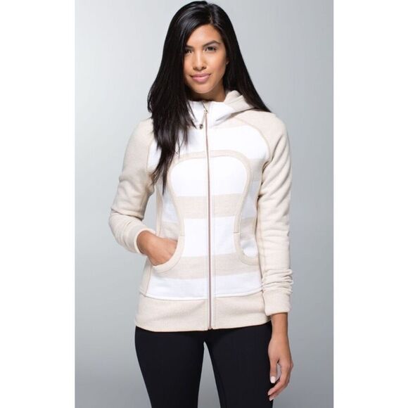 LULULEMON SCUBA cashew white striped FLEECE LINED HOOD HOODIE SWEATSHIRT JACKET - Picture 3 of 10